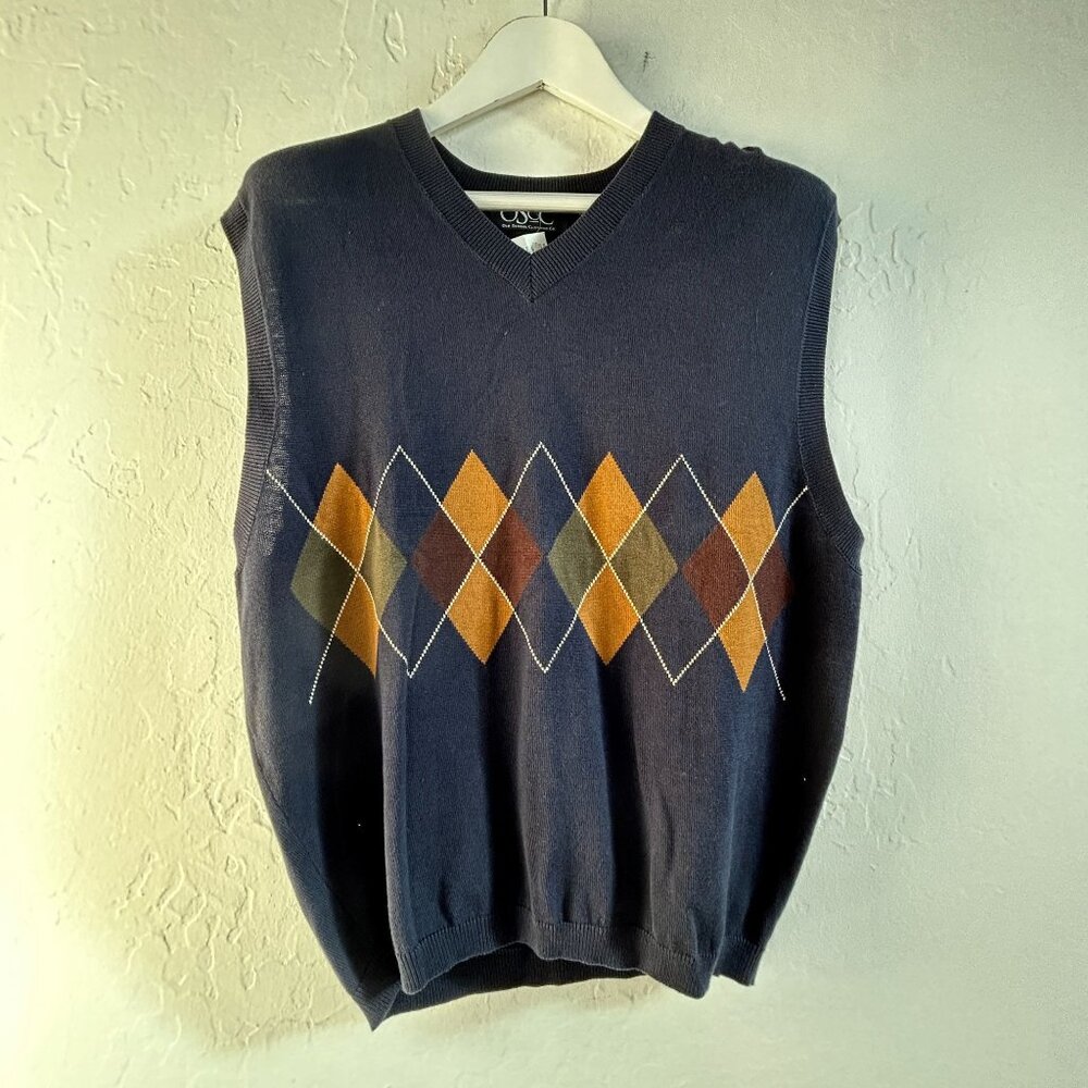 OSCC Old School Clothing Co. Womens Argyle Sweater Vest Navy Large V-Neck New